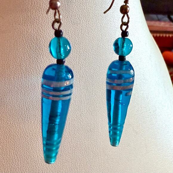 Artisan Handcrafted Long Electric Blue Glass Drop Earrings - Picture 6 of 6